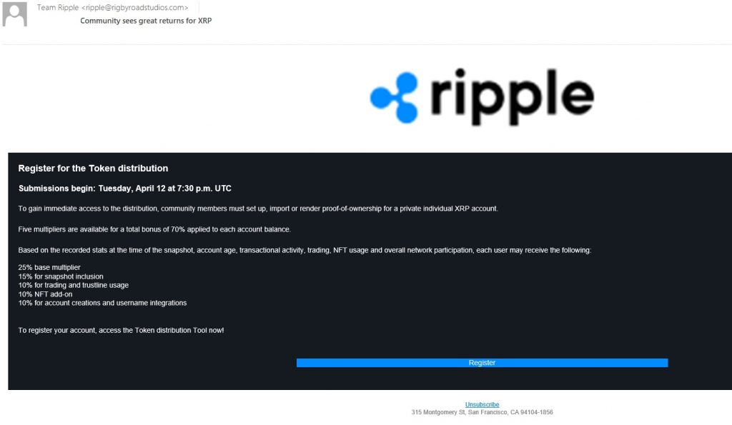 Phishing email pretending to be from Ripple cryptocurrency exchange