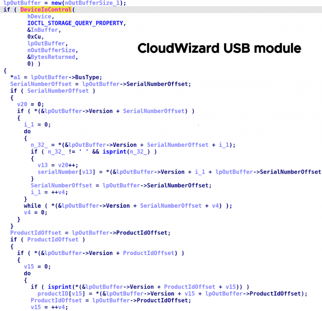 Retrieval of USB device serial number and product ID in CloudWizard (MD5: 39B01A6A025F672085835BD699762AEC)