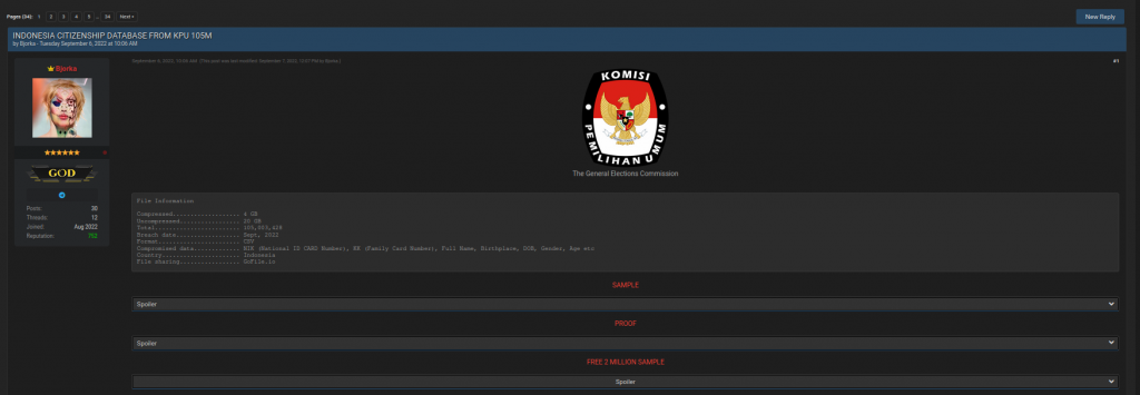 A post on the dark web that offers Indonesian data for sale and was found with the help of Digital Footprint Intelligence