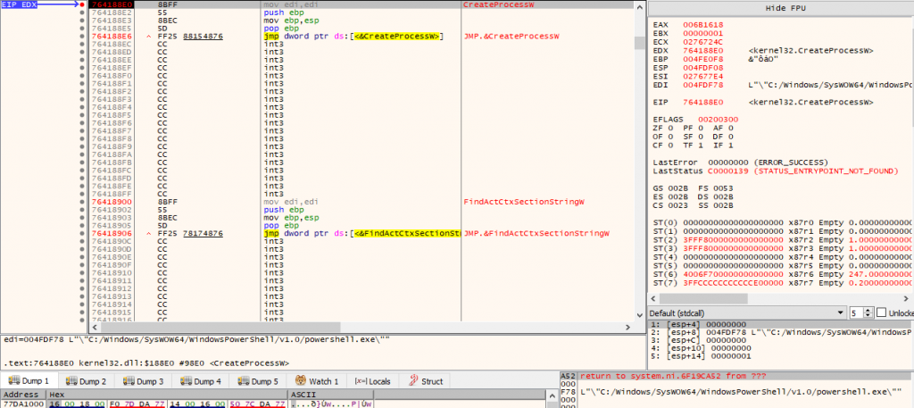 Call of CreateProcessW to spawn a PowerShell process