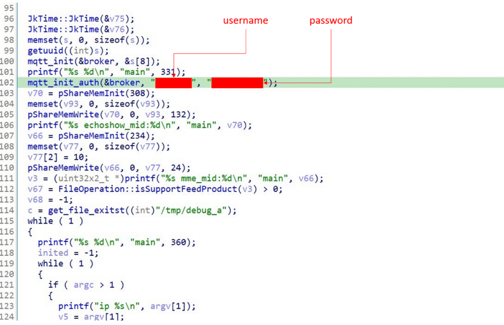 The hard-coded MQTT broker credentials