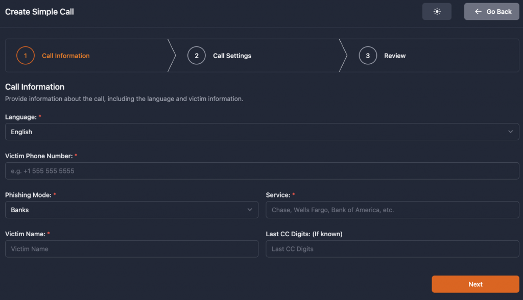 OTP bot interface: the victim's name and phone number, service name and language are required for setting up a call