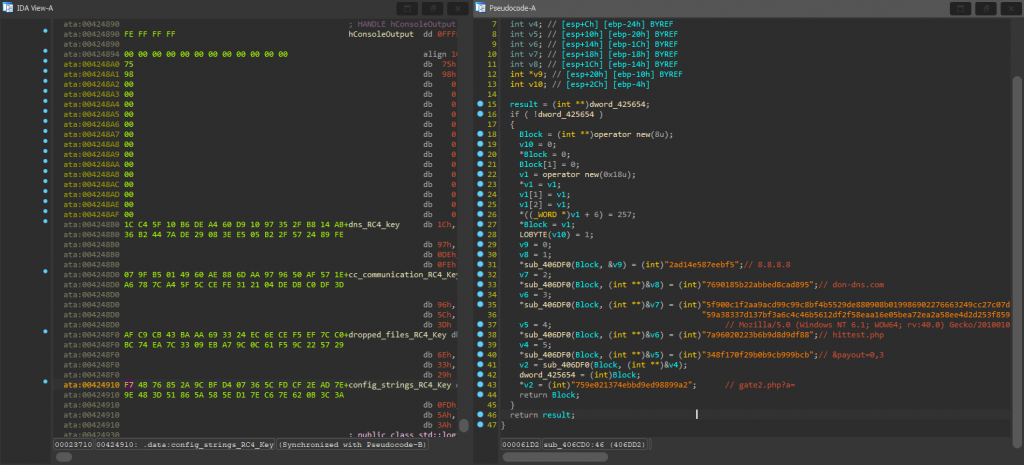 RC4 keys (left pane) and encrypted HEX strings (right pane)